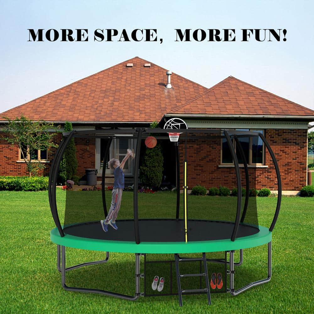 12 ft Green Round Kids Trampoline with Safety Enclosure and Ladder