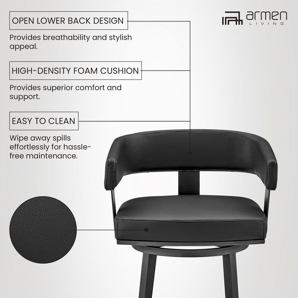 Armen Living Lorin30" Bar Height Swivel Bar Stool in Black Finish and Black Faux Leather