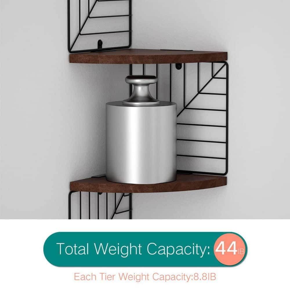 Dark Walnut 5-Tier Floating Corner Wall Shelves with Metal Brackets