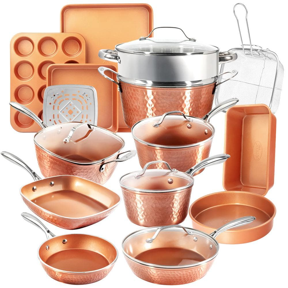 Gotham Steel Nonstick Pots and Pans 20 Pcs Kitchen Ceramic Cookware Set Bakeware Cooking Frying Skillet Sauce Pan Hammered