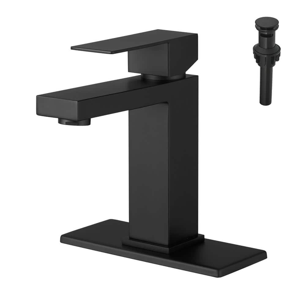Matte Black Single Hole Bathroom Faucet,Vanity Faucet Modern Commercial RV with Deck Plate for 1 or 3 Hole, Single Handle Stainless Steel Bathroom Sink Faucet with Pop-up Drain