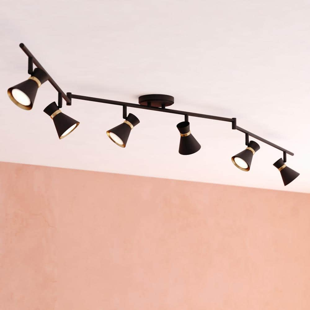 Alto 6 Light LED Matte Black with Gold Satin Brass Accents Mid-Century Modern Swing Arm Directional Ceiling Spot Fixture with Metal Shades