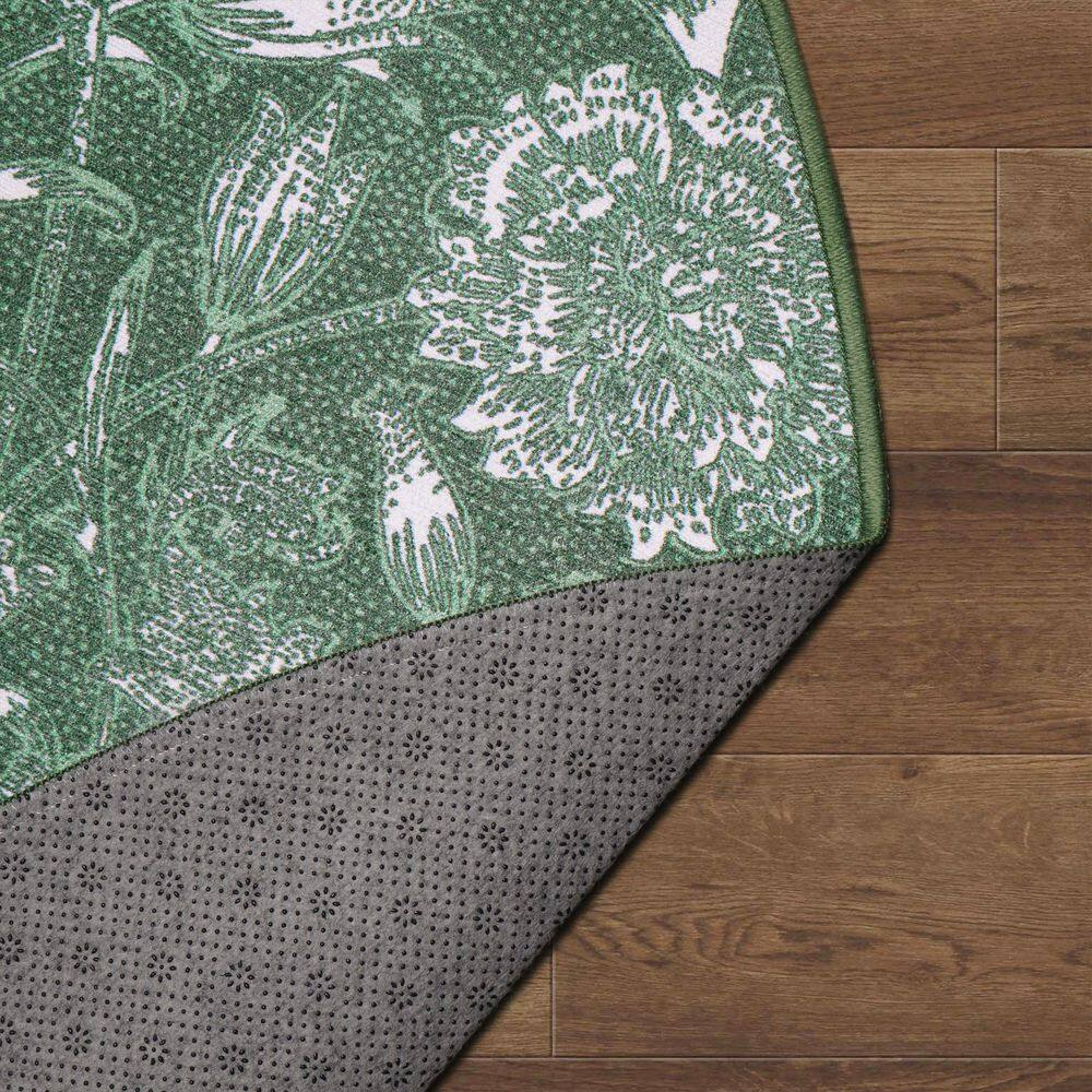 Kalini Green Floral Round Washable Synthetic Area Rug