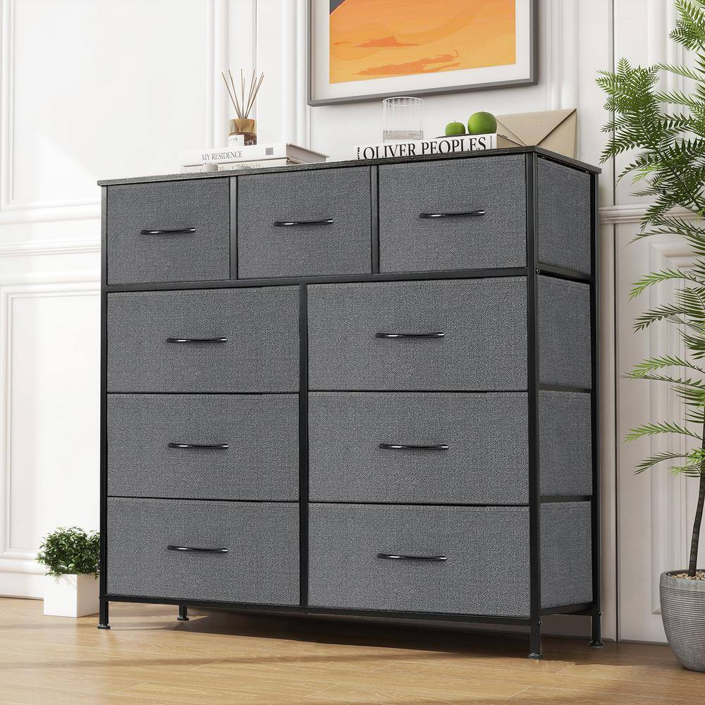 9 Drawer Dresser, Wide Chest Of Drawers Nightstand Storage Tower Storage Dresser Fabric Dresser With Wood Top, Metal Frame, Gray
