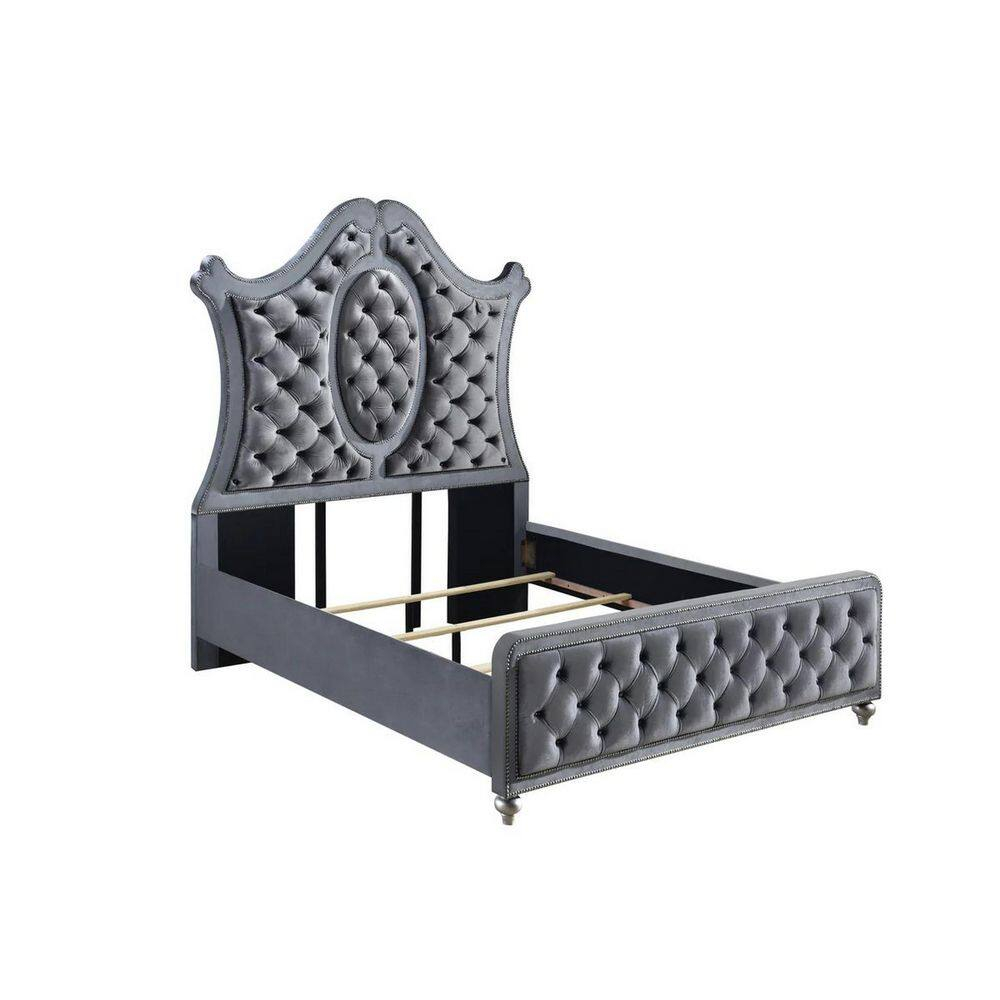 Benjara Rall King Size Bed, Curved Wood Headboard, Tufted Gray Fabric Upholstery