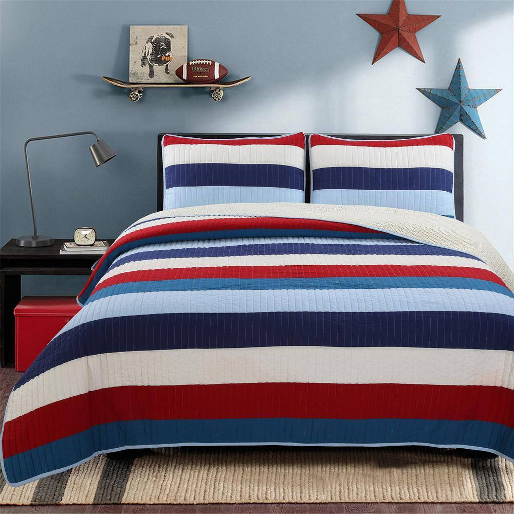 Cozy Line Home Fashions Cozy Line Ressler Stripe Reversible Cotton Quilt Bedding Set - Blue/Ivory/Red Twin 2 Piece