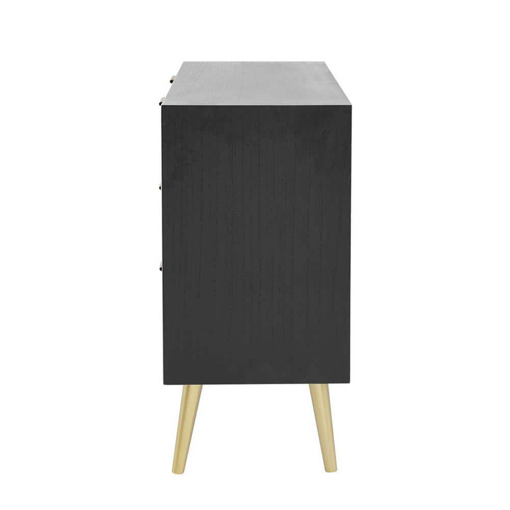 31 Inch Dresser Chest Cabinet, 3 Drawers, Woven Rattan, Modern, Black, Gold