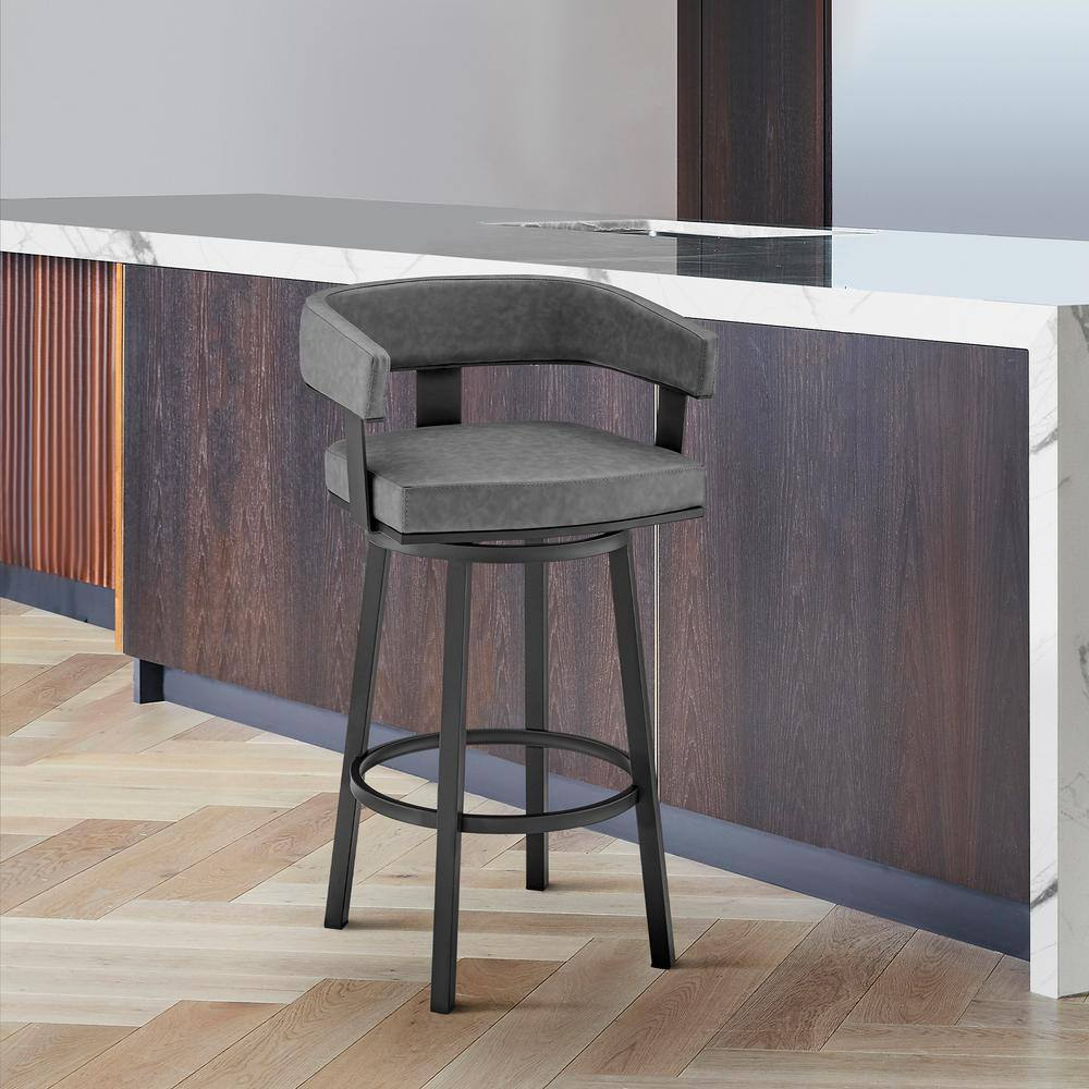 Lorin 26" Counter Height Swivel Bar Stool in Black Finish and Gray Faux Leather