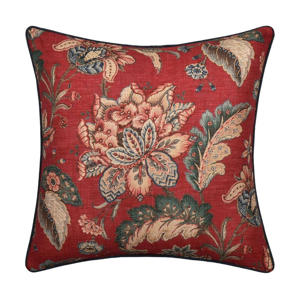 Enchanted Garden Red Cotton Floral Square Throw Pillow 20" x 20"