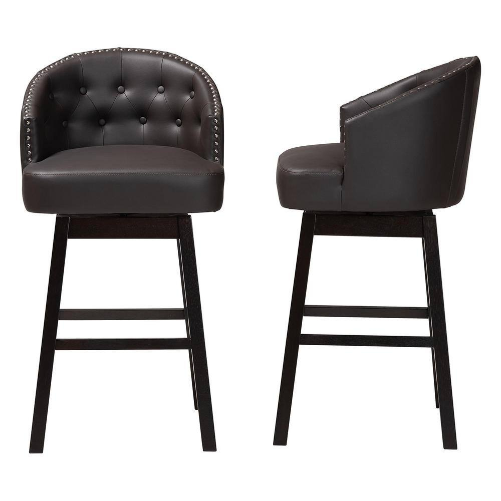 Baxton Studio Avril Modern and Contemporary Brown Faux Leather Tufted Swivel Barstool with Nail heads Trim (Set of 2)