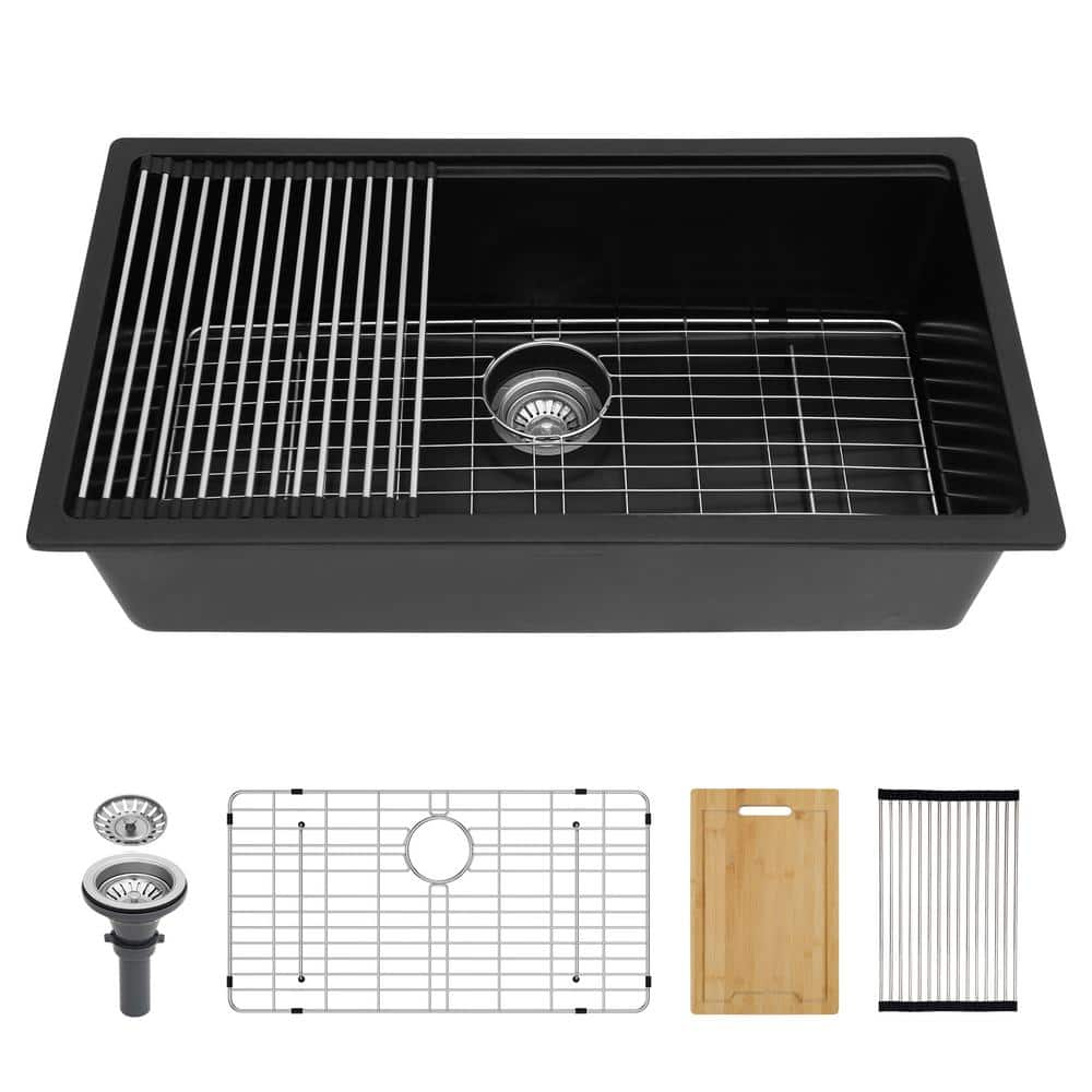 33 in. x 19 in. Undermount Kitchen Sink, 16-Gauge Granite Composite Workstation Sinks Single Bowl in Black