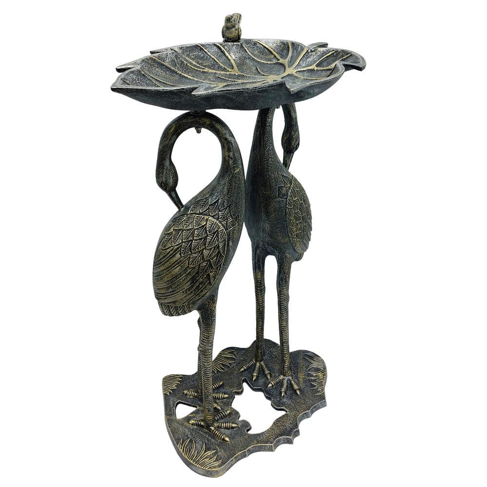Oakland Living Cast Aluminum 30-in Twin Crane Silver Gold Bird Bath with Leaf Bowl