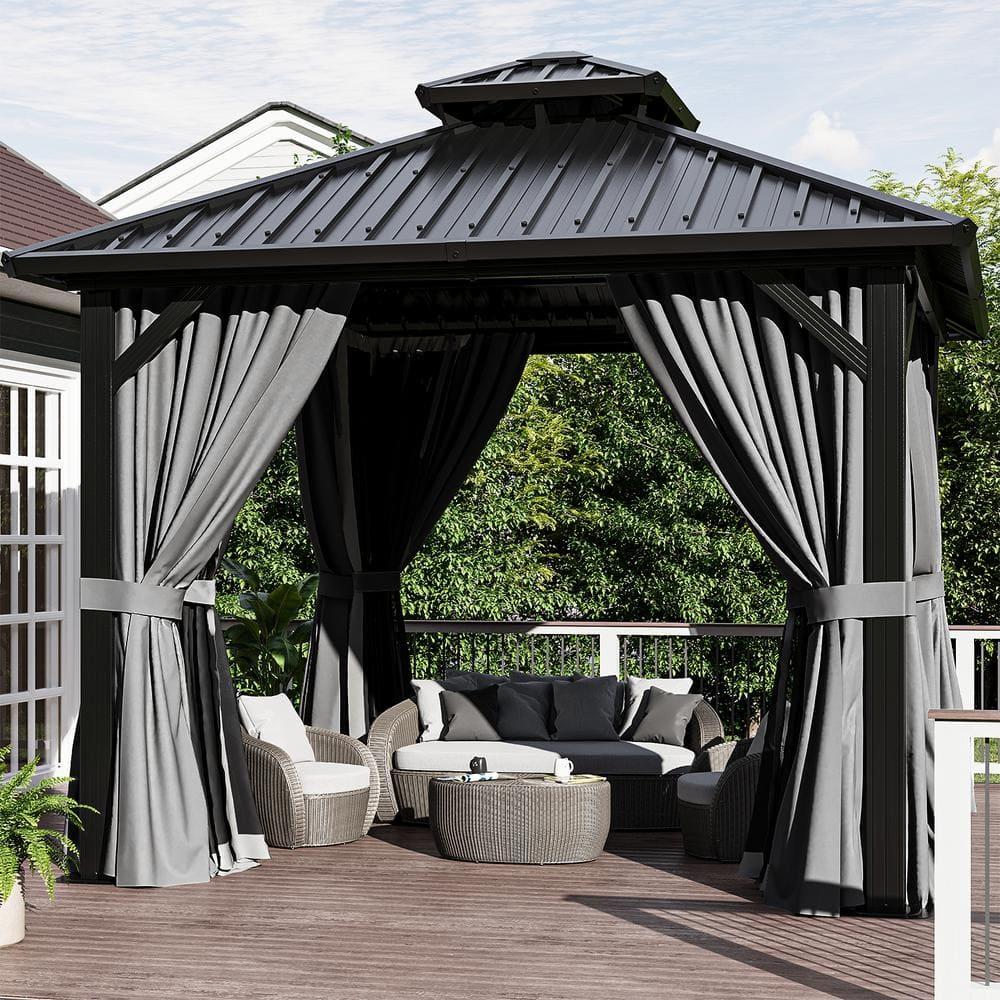 10'x10' Gazebo Outdoor Aluminum Frame Gazebo, Polycarbonate Combined Single Hardtop Roof, Black