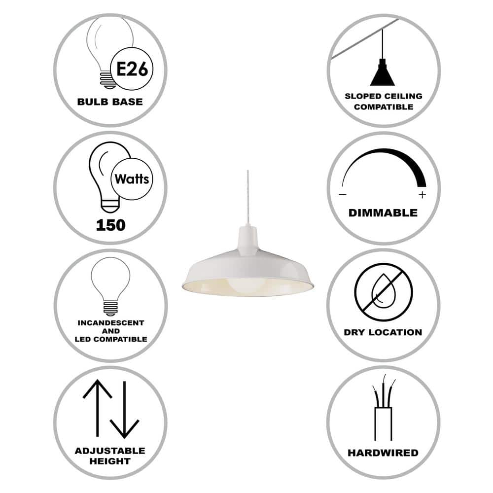 Lucid Lighting White Industrial Dome Medium Hanging Pendant Light