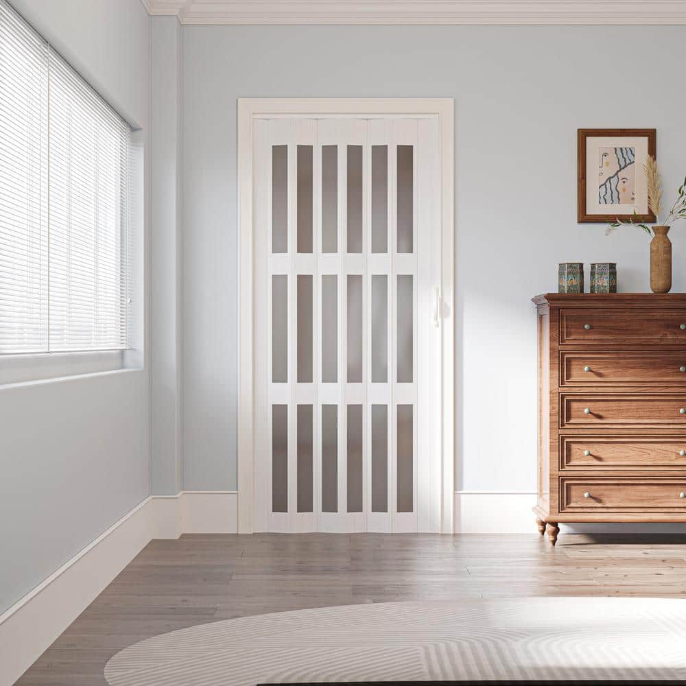 Upgrade Dual Layer Vinyl Accordion Door with Handles and Magnetic Door Lock, 4-Lite Frosted Acrylic Glass, White