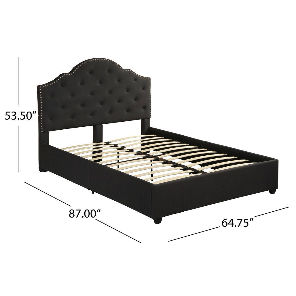 Noble House Allyssa Contemporary Fabric Button-Tufted Upholstered Queen Bed Frame with Nailhead Accents, Black