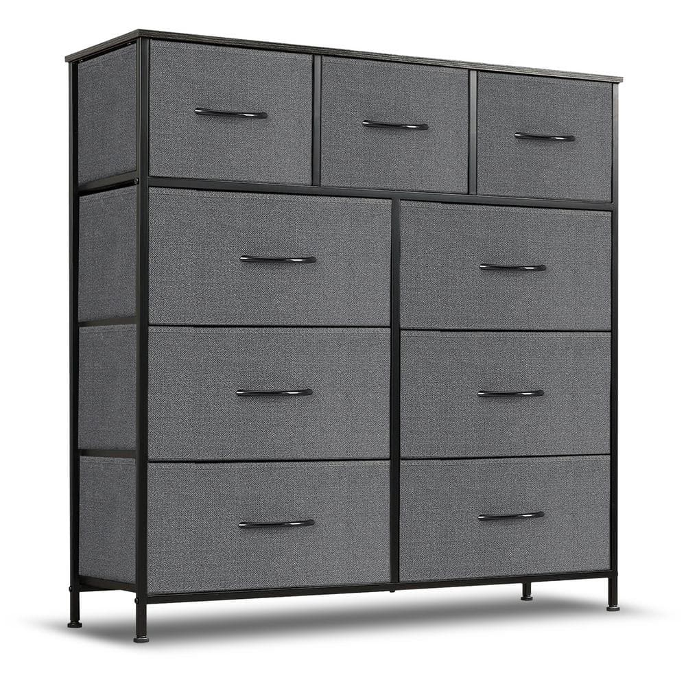 9 Drawer Dresser, Wide Chest Of Drawers Nightstand Storage Tower Storage Dresser Fabric Dresser With Wood Top, Metal Frame, Gray