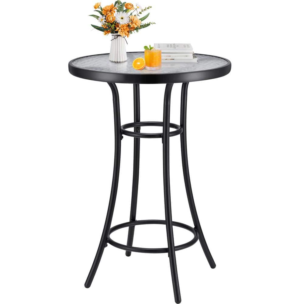 Bar Height Patio Glass Table, 2-Tier High Top Outdoor Metal All-Weather Round Bistro Table With Tempered Glass Top for Balcony Backyard Pool, Black