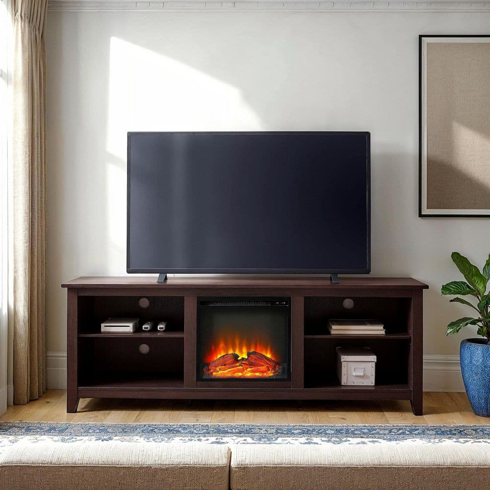 Walker Edison Open Storage Fireplace TV Stand for TVs Up to 80", Espresso