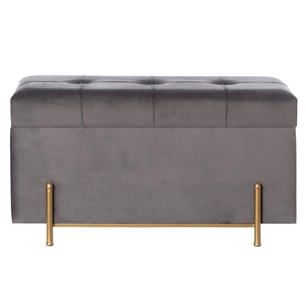Fabulaxe Large Rectangle Velvet Storage Ottoman with Golden Legs | Sitting Bench for Living Room Home Decor with Cylindrical Golden Support (Gray)