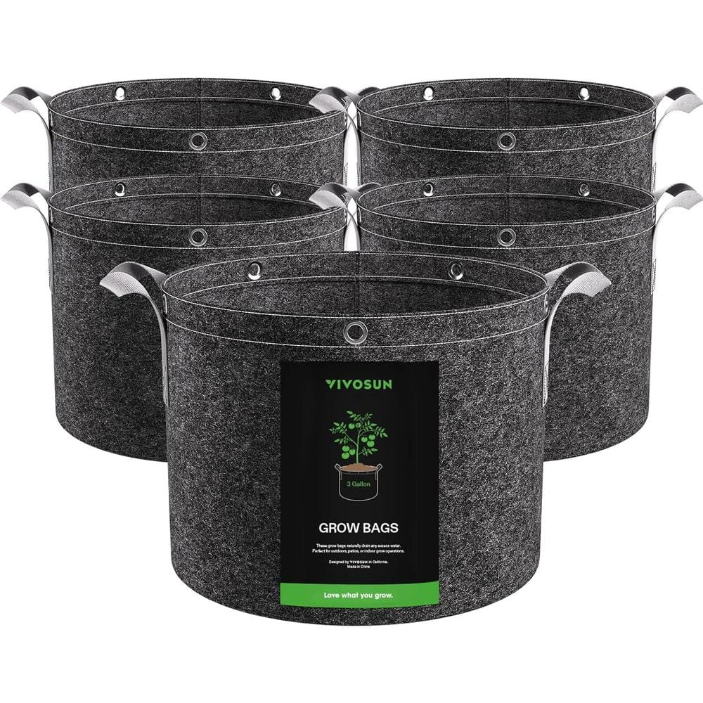 VIVOSUN 5-Pack 3 Gallon Grow Bags, 500G Thick Nonwoven Fabric Pots with Strap Handles, Multi-Purpose Rings, for Low Stress Plant Training Fruits, Vegetables, and Flowers