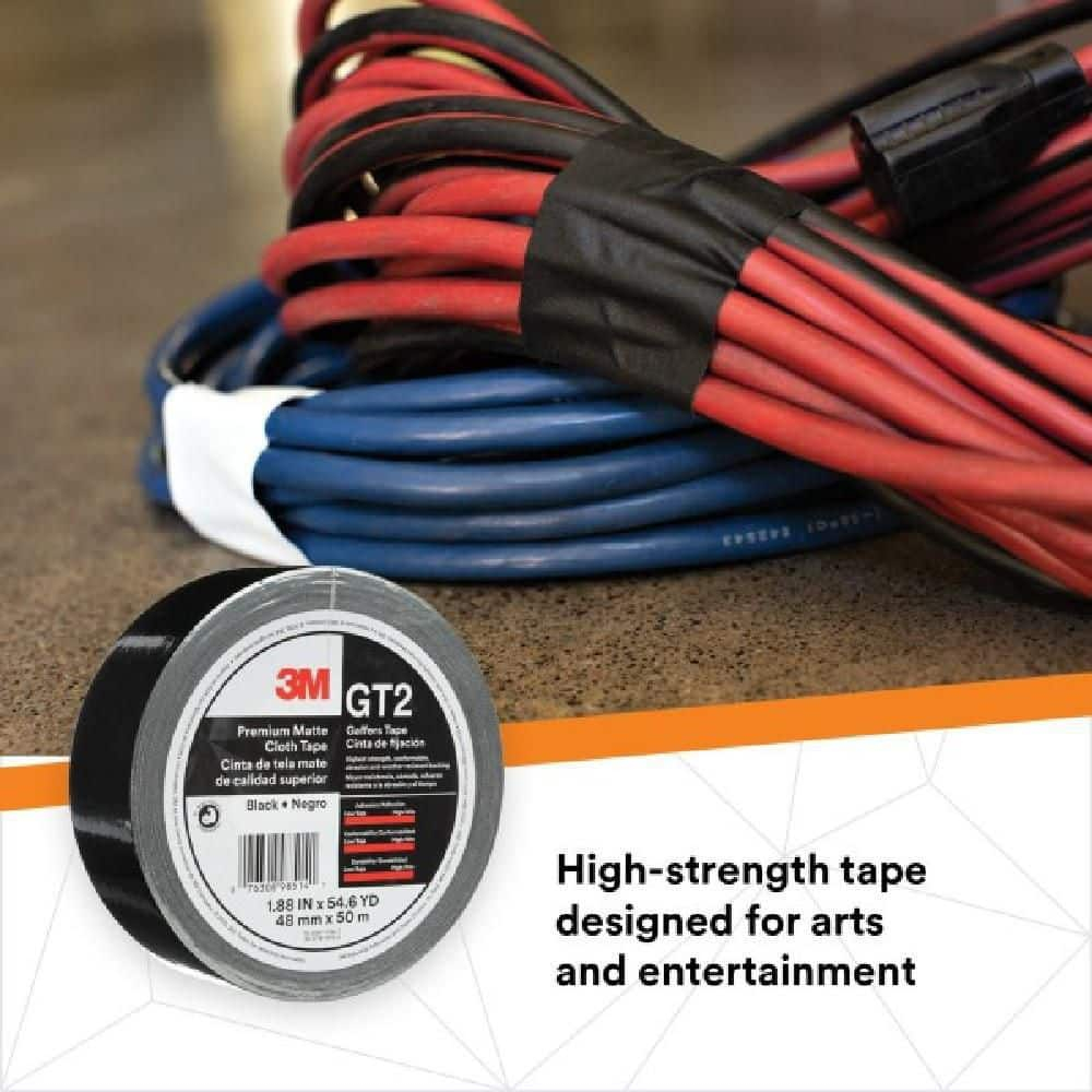 3M Premium Matte Cloth (Gaffers) Tape GT2, High-Strength, Indoor/Outdoor Use, Black, 48 mm x 50 m, 11 mil, 1 Roll, 98514