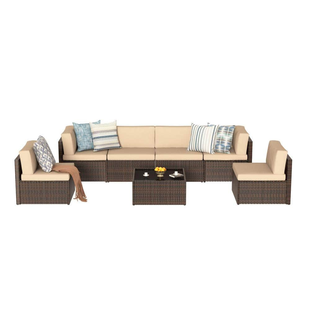 U-MAX 7 Piece Outdoor Patio Furniture Set, PE Rattan Wicker Sofa Set, Outdoor Sectional Furniture Chair Set with Cushions and Tea Table, Brown