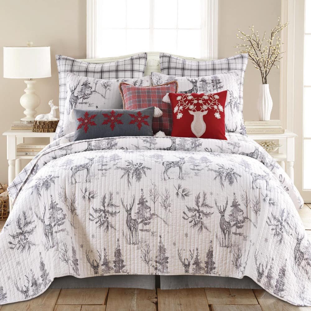 Villa Lugano Sleigh Bells Grey by Levtex Home - Sleigh Bells Grey Quilt - King - Standard - Quilt (106x92in.) - Reversible - Cotton/Poly