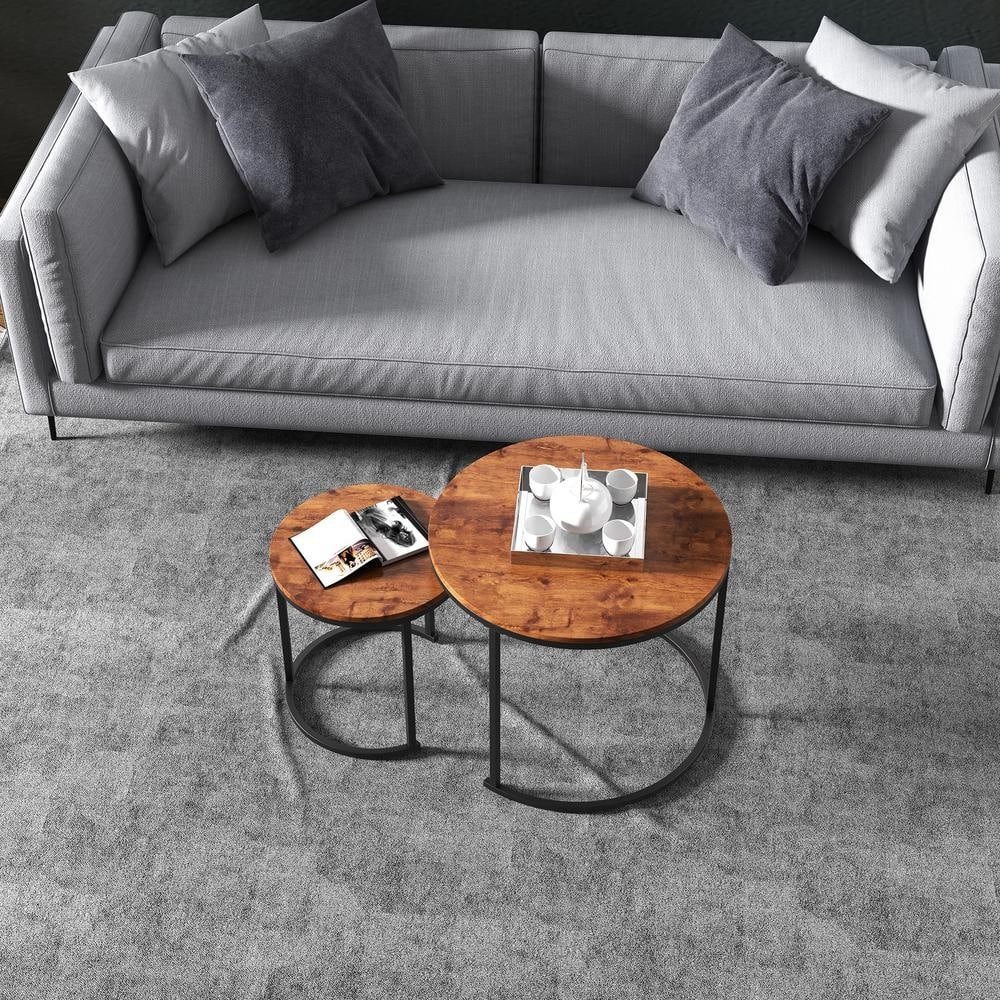 Costway Nesting Coffee Table Set of 2 for Balcony Living Room Modern Round Side Tables Rustic Brown