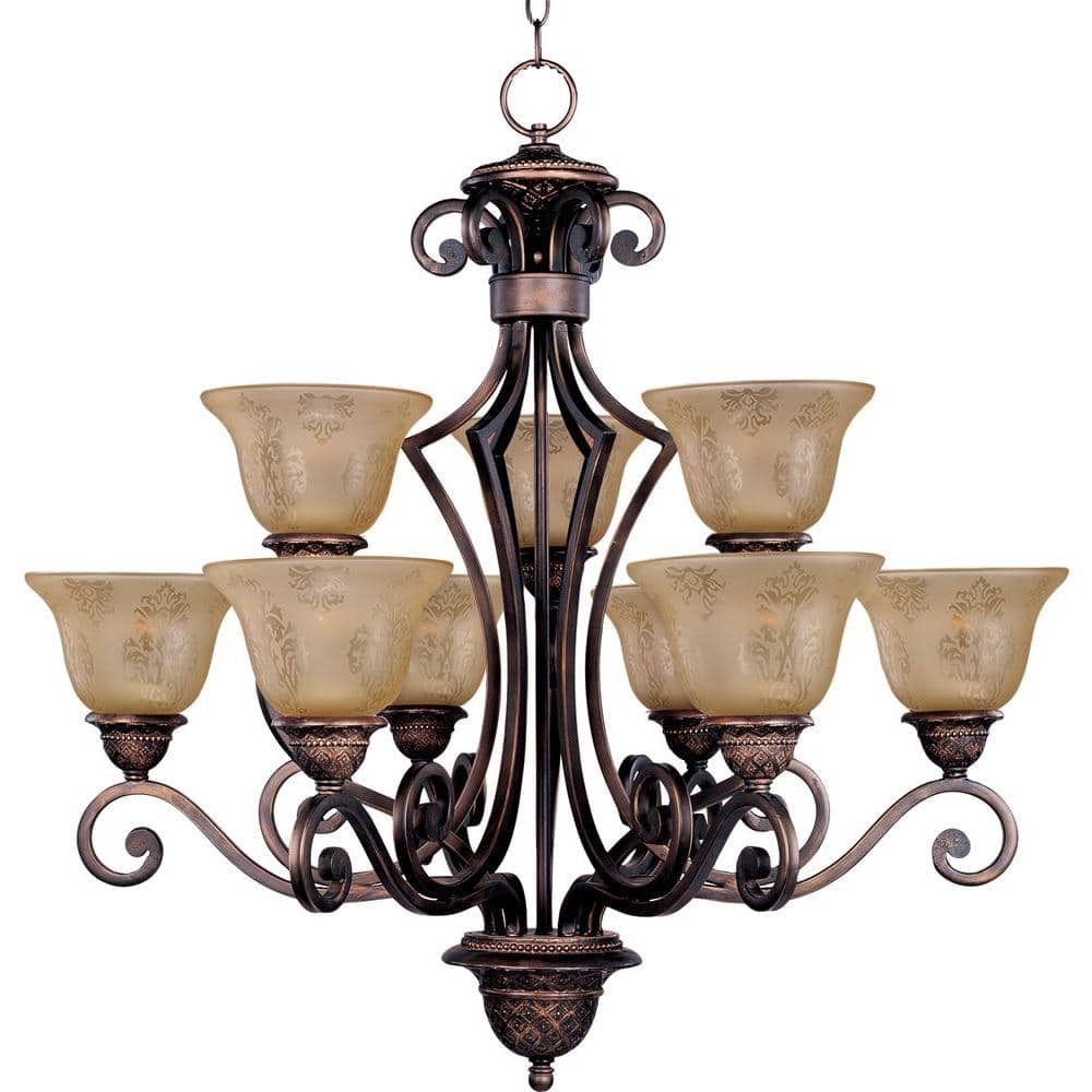 Oil Rubbed Bronze 9-Light Chandelier with Amber Glass Shades
