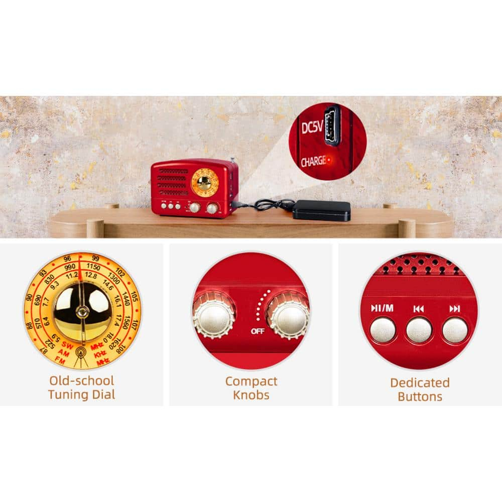 Retro Portable AM/FM Vintage Radio with Bluetooth, Transistor Radio Receiver, Rechargeable Battery, Support TF Card, AUX, USB, MP3 Player for Elder (Red)
