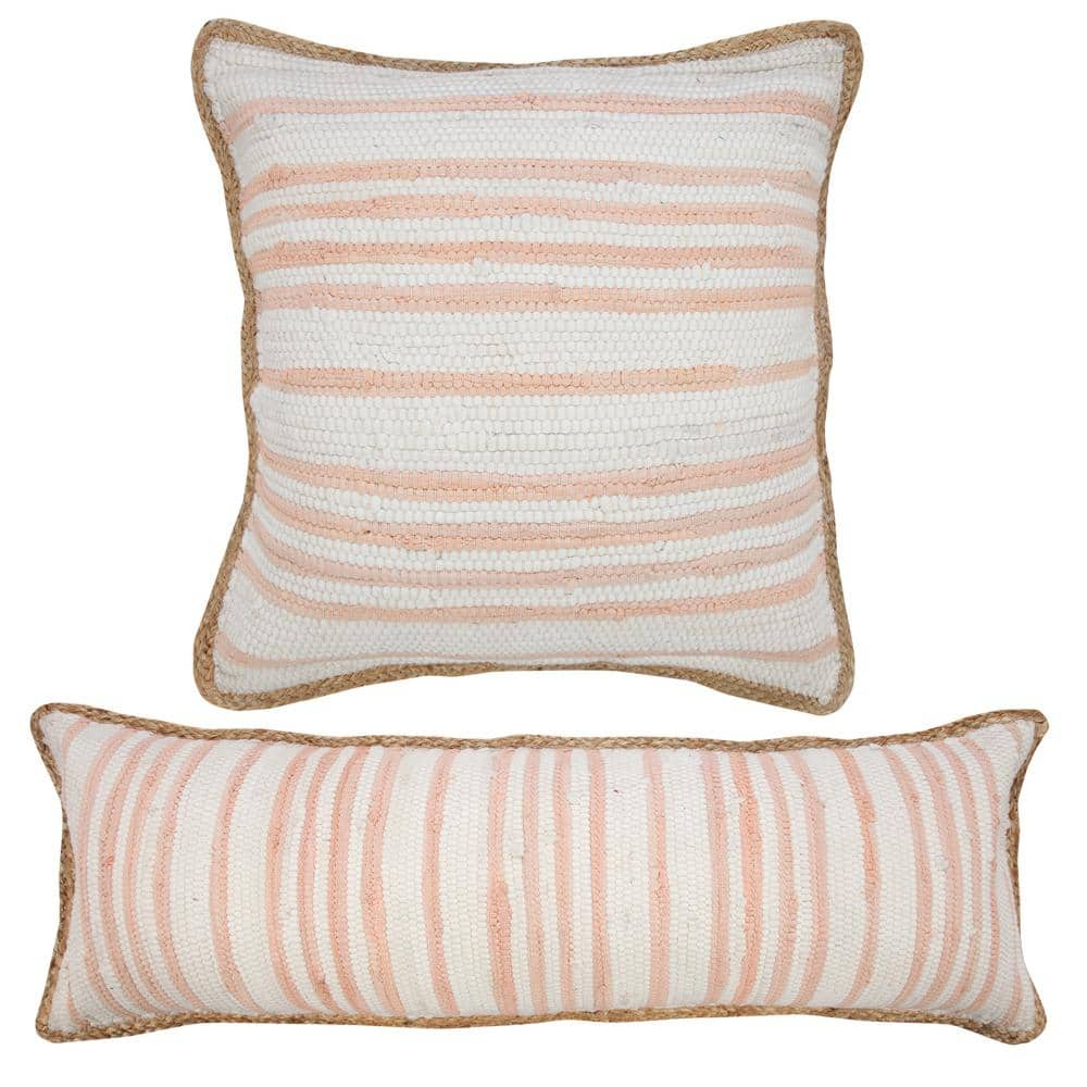 Ox Bay Ringo 20" x 20" Coral Pink Jute Bordered Striped Cotton Adult Decorative Throw Pillow