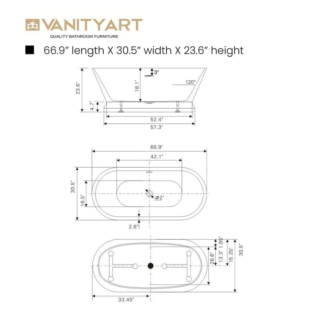 Vanity Art 54" Non-Slip Acrylic Freestanding Bathtub