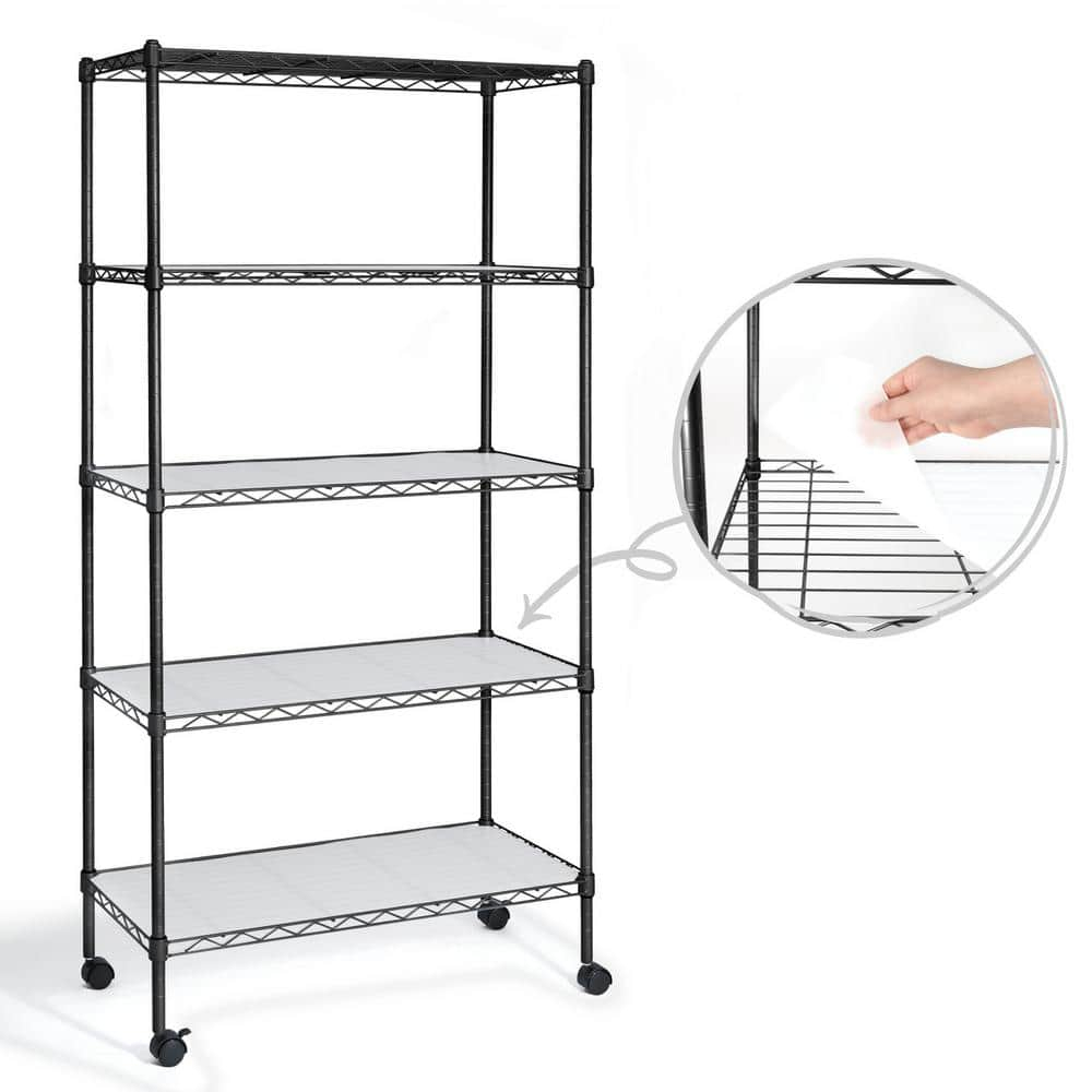 CAPHAUS NSF Adjustable Shelves Metal Wire Shelving Unit w/ Liners, Kitchen Storage Shelving, Metal Steel Storage Shelving, Garage Shelving Storage Organizer, Utility Shelf, 5-Tier W/ Wheels, Black