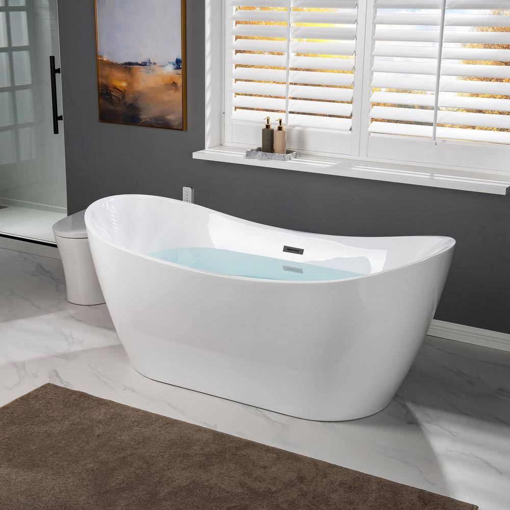 WOODBRIDGE 67" Acrylic Freestanding Bathtub Contemporary Soaking White Tub with Matte Black Overflow and Drain,B0010-MB-Drain &O