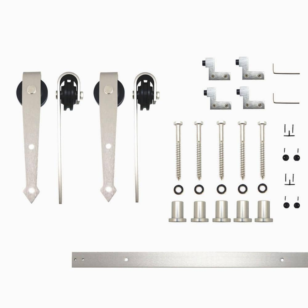 Homacer Brushed Nickel Sliding Barn Door Hardware Kit, for Two/Double Doors, 7ft Long Flat Track, Arrow Design Roller, Heavy Duty, for Interior & Exterior Use