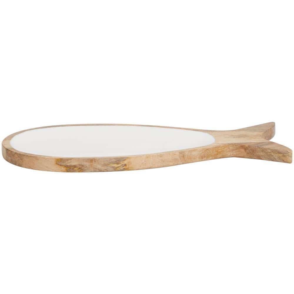 Brown Mango Wood Fish Decorative Tray with White Enameled Interior