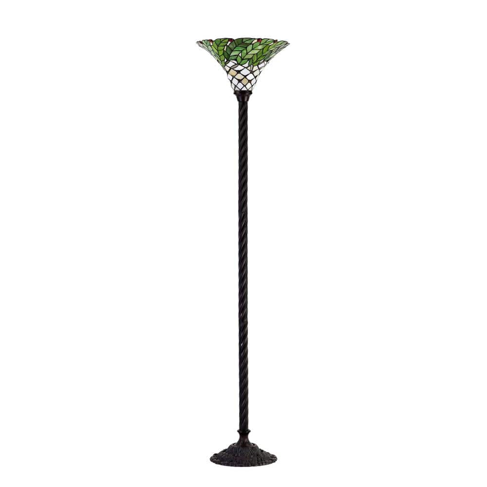 72 in. Antique Bronze Green Leaf Stained Glass Floor Lamp with Foot Switch