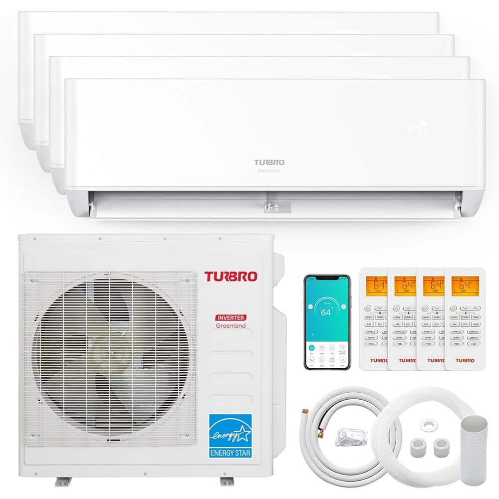 TURBRO 36,000 BTU 4 Zones Mini Split AC/Heating System, Ductless Multi Zones Inverter Mini Split Air Conditioner with Heat Pump, 22.5 SEER2, WiFi Enabled, Greenland (9K+9K+9K+9K), 230V