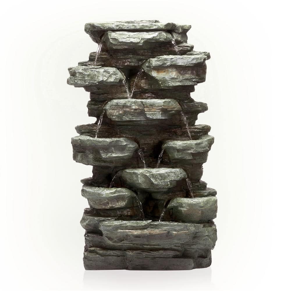 Gray Stone 39" Solar Powered Tiered Rock Fountain with LED Lights