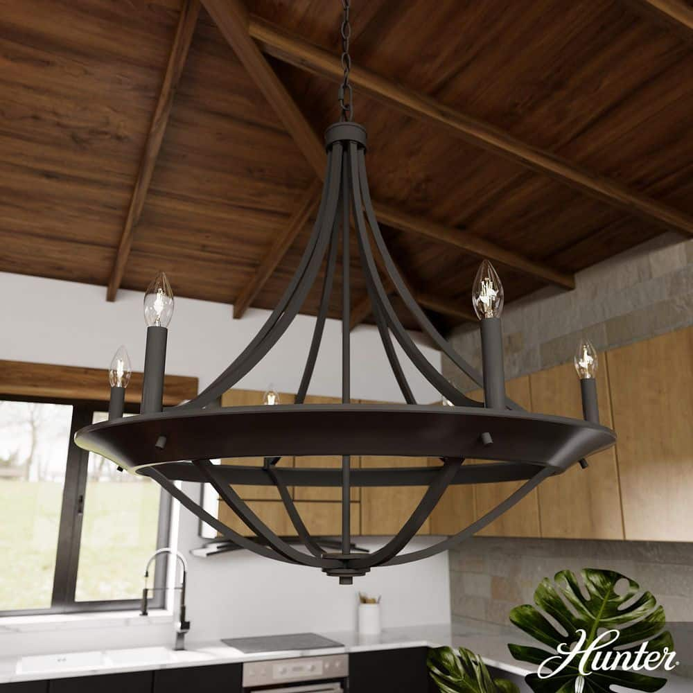Hunter - Perch Point 6-light Noble Bronze, Large Chandelier, Dimmable, Casual Style, Empire Shaped, for Bedrooms, Kitchens, Dining, Living Rooms - 19414
