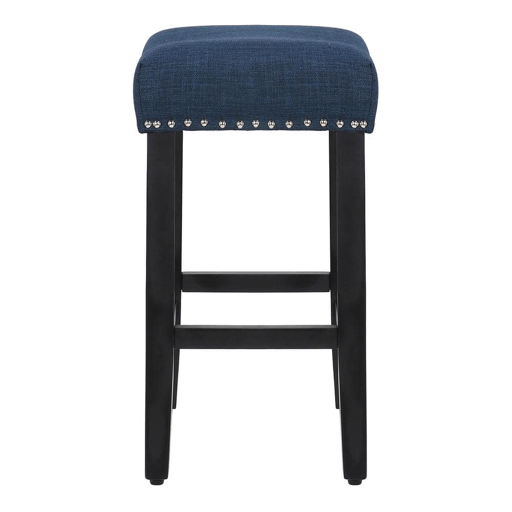 Westin Outdoor Yazan 24" Upholstered Bar Stool with Nail Head Trim (Set of 2), Black/Navy Blue