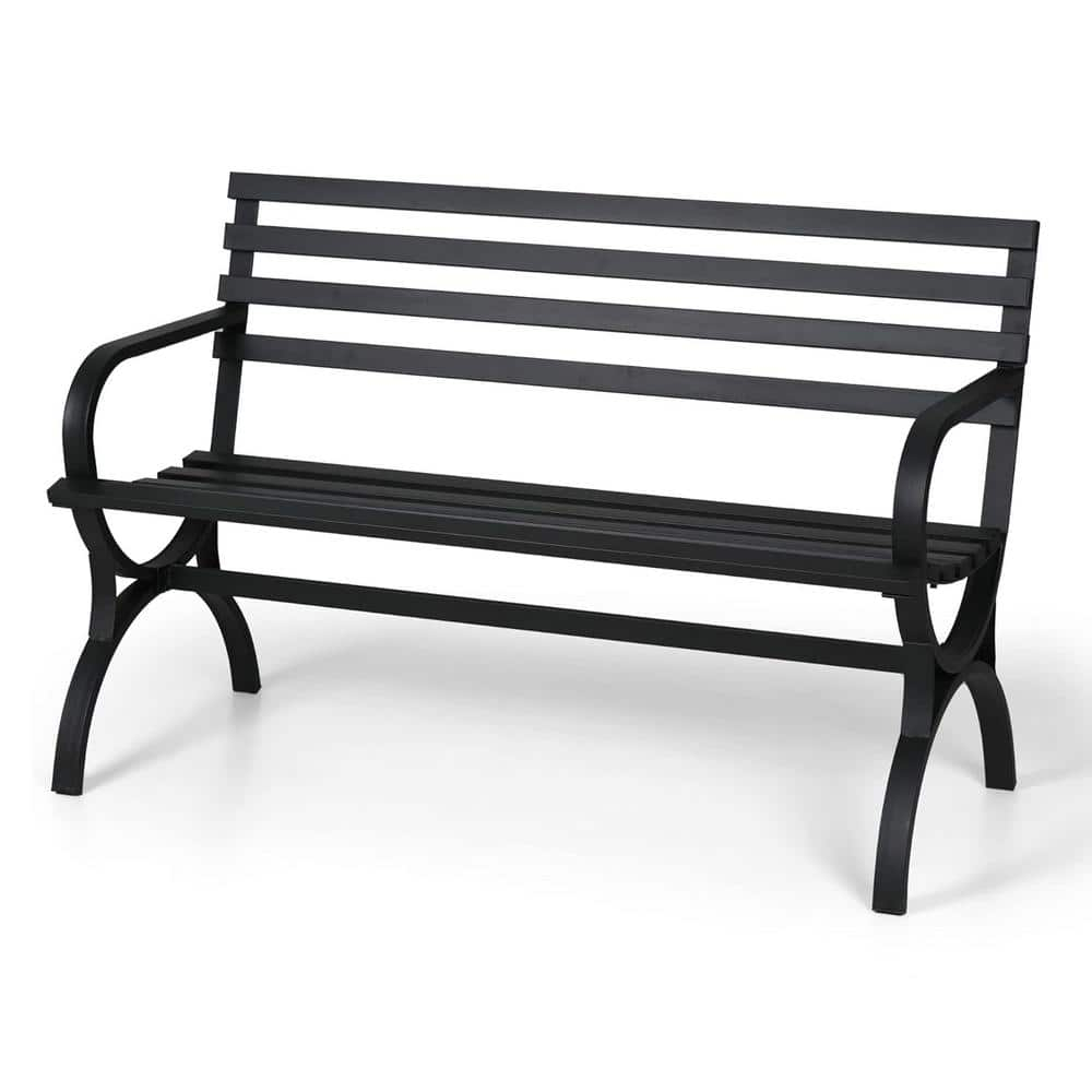 PHI VILLA Outdoor Garden Bench, 48” Long Metal Steel Bench with Backrest and Armrests, Modern Slatted Design for Patio, Lawn, Yard, Porch - Black