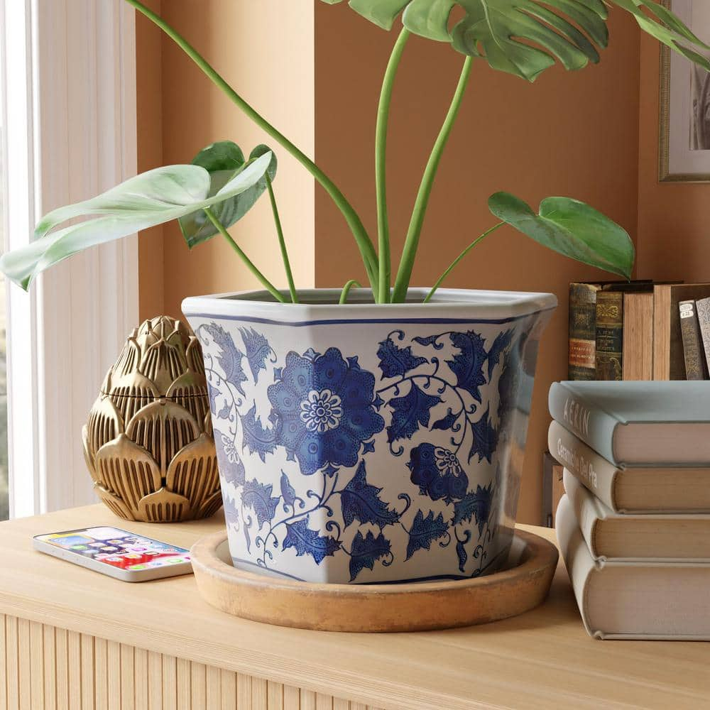 Oriental Furniture 10" Floral Blue & White Porcelain Flower Pot