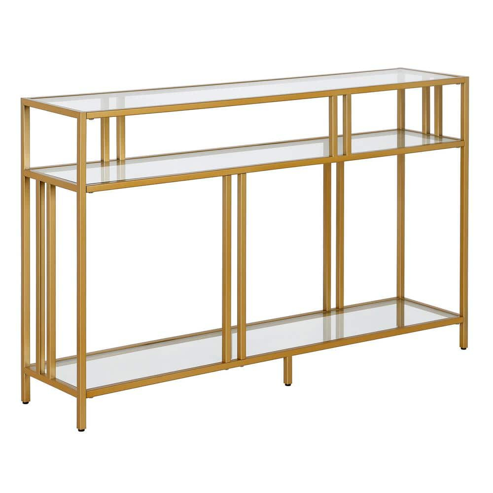 Evelyn&Zoe Cortland 48" Wide Rectangular Console Table with Glass Shelves, Brass