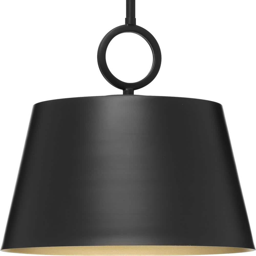 Progress Lighting, Parkhurst, 1-Light Dome Pendant, Matte Black, Gold Interior, Steel, Dry Rated. Ideal for modern farmhouse interiors.