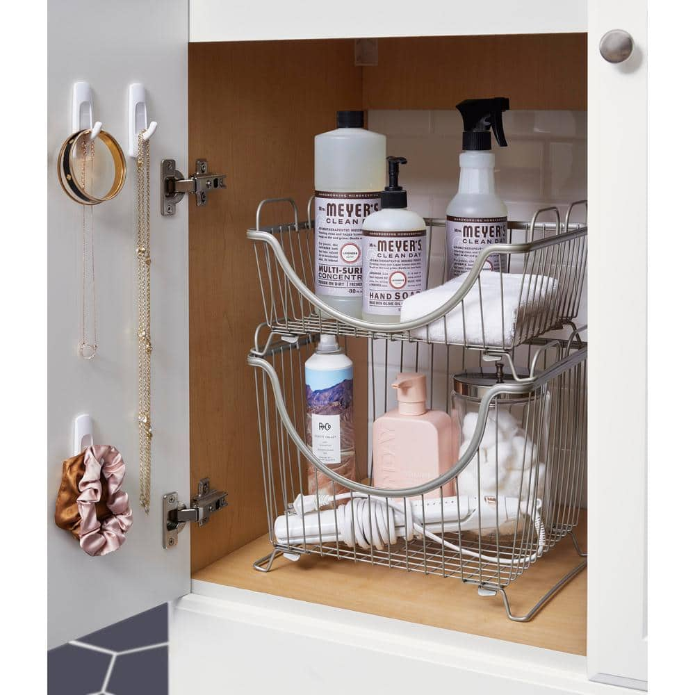 Spectrum Diversified Ashley Steel Stackable Wire Basket with Raised Feet and Looped Handles, Modular Stacking Bin System for Kitchen Countertop and Desk Organization, Large, Satin Nickel