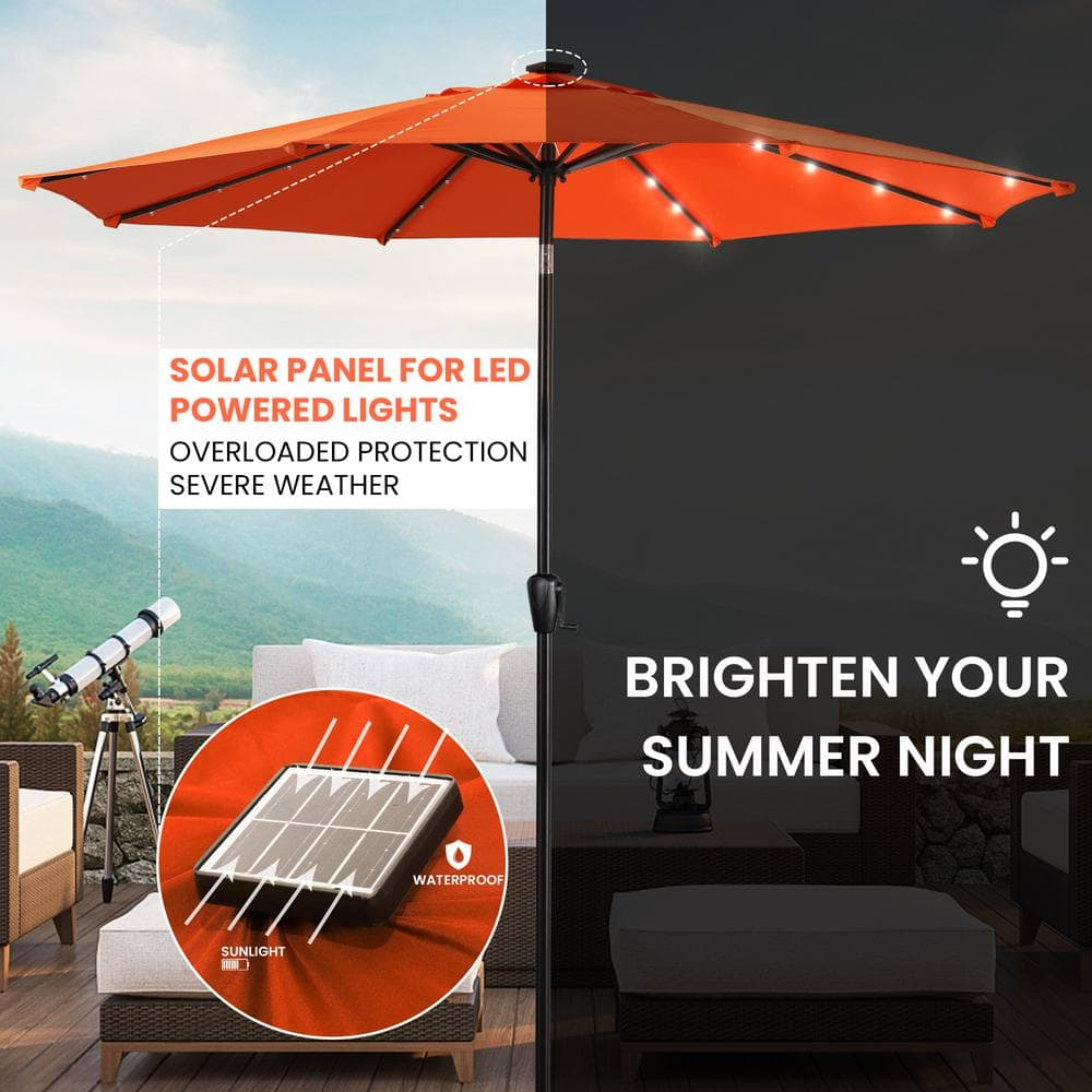 Sun-Ray 9 FT 32 LED Patio Solar Umbrella w/ Push Button Tilt and Crank Outdoor Umbrella, 8 Sturdy Ribs, UV Protection, Solution-Dyed Fabric, Orange