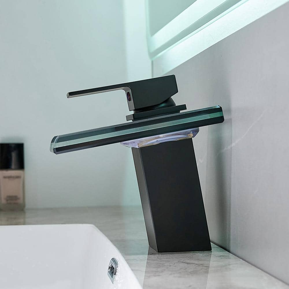 LED Bathroom Sink Faucet, Matte Black Waterfall Single Handle Vanity Faucets for Sinks 1 Hole with Metal Pop Up Drain and 2 Water Supply Lines, Open Glass Spout