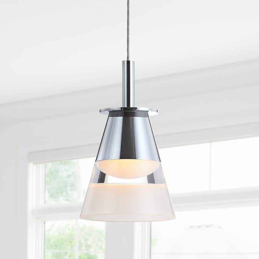 JONATHAN  Y Alain 5" Adjustable Cascading Metal Integrated Cluster Glam Chrome/White Transitional Cone Integrated LED Mini Hanging Pendant light